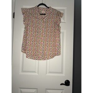 Hailey And Co Notch Cap Sleeve Top 2x Pink White Green Chevron Print